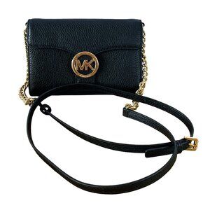Michael Kors Black MK Logo Flap Crossbody Gold Chain Bag